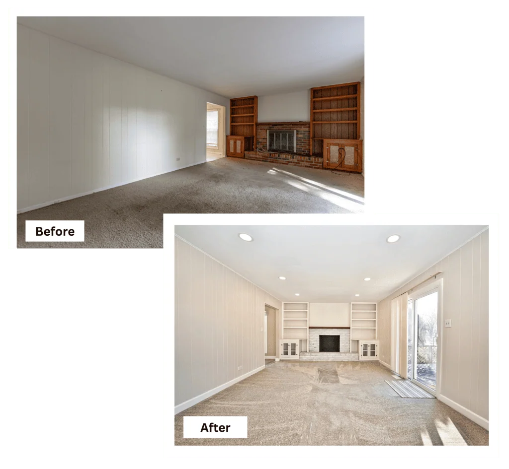 Before and after of a living room in Rockford